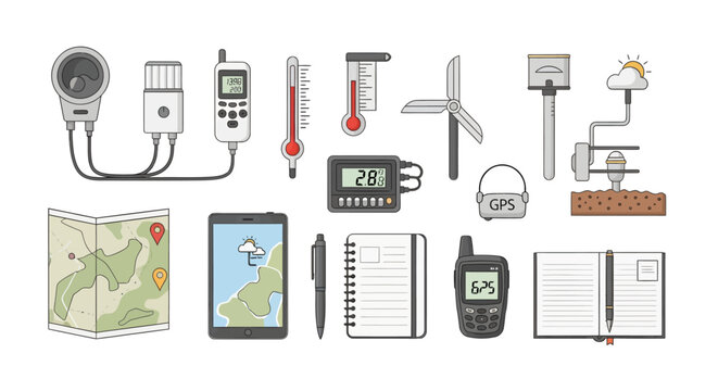 Collection of weather and navigation tools including maps, GPS, thermometer, notepad, and compasses for outdoor exploration and navigation