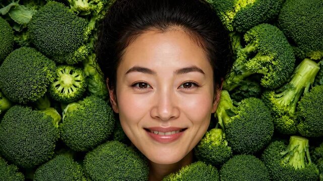 Healthy Asian Woman Smiling Amidst Fresh Broccoli Florets