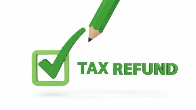 Sharpened green pencil hovers over glossy green checkmark inside rounded square, with bold green TAX REFUND wording beside it on clean white studio background for tax filing, approval, and refund