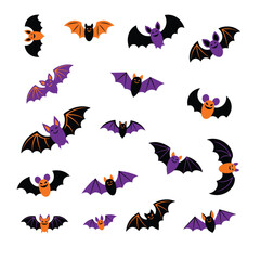 Fototapeta premium Assorted cartoon bat characters for halloween, featuring diverse expressions and poses in orange, purple, and black colors on white background