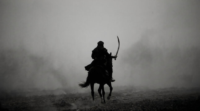 Silhouette of a Warrior on Horseback with Sword in Foggy Battlefield