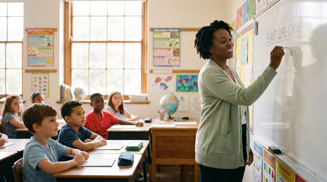 Afro American female teacher writing plant life cycle lesson on classroom whiteboard. Diverse elementary students watching attentively.