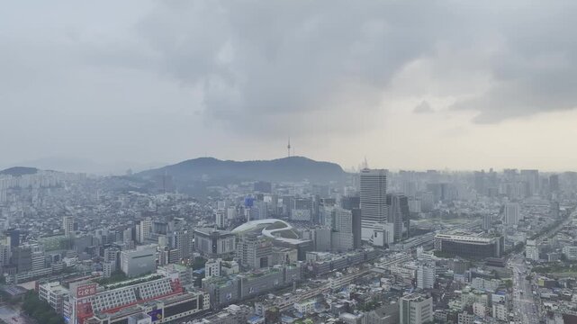 Aerial Drone View of Jongno Cityscape near Dongmyo Station and DDP Dongdaemun Design Plaza in Seoul, South Korea
