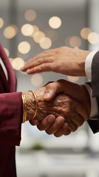 A Heartfelt Meeting: Celebrating Connection and Agreement Through a Handshake Amidst a Warm and Inviting Background with Soft Bokeh Lights