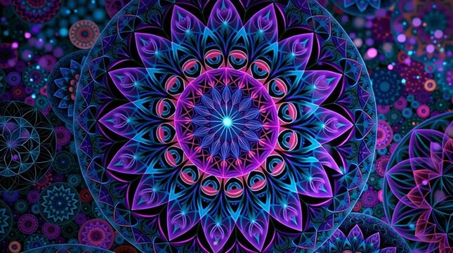 Glowing psychedelic mandala pattern with intricate geometric symmetry, vibrant abstract background inspired by sacred geometry and meditation art