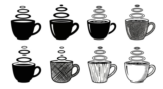 Eight black and white abstract coffee cups with circular steam rings, vector illustration of hot beverages isolated on white