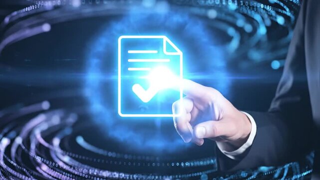Hand touching neon document icon with checkmark for digital contract approval.