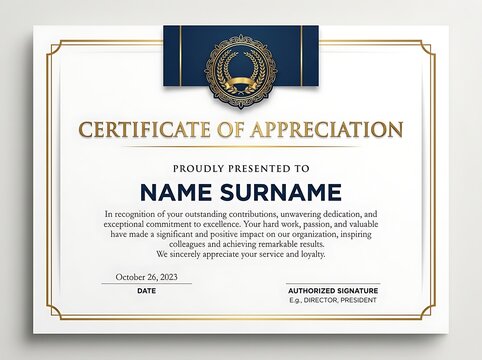 Elegant certificate of appreciation template with gold and navy accents for professional recognition awards