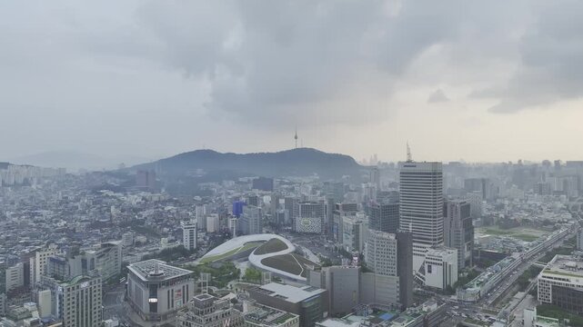 Aerial Drone View of Jongno Cityscape near Dongmyo Station and DDP Dongdaemun Design Plaza in Seoul, South Korea