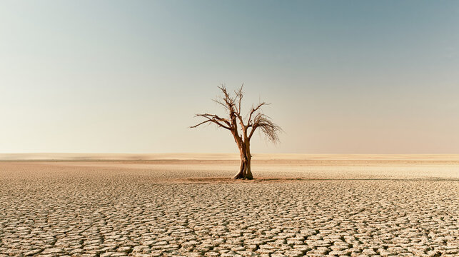 Dry Desert Landscape Background with Lone Tree and Climate Change Concept