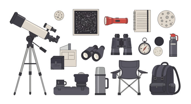 Astronomy equipment set including telescope binoculars camera tripod radar notebook flashlight compass and backpack for outdoor stargazing or scientific exploration