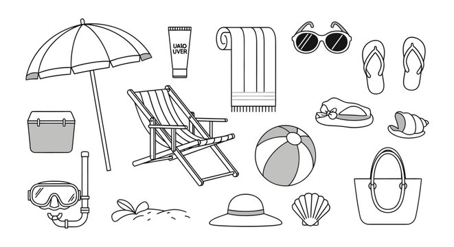 Beach accessories and swimwear illustration with umbrella towel sunglasses flip flops beach ball snorkel seashell hat and bag for summer vacation backdrop