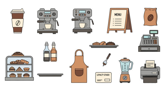 Cartoon Coffee Shop Scene with Espresso Machines Pastry Display Bakery Ingredients and Menu Board for Food and Beverage Industry Use