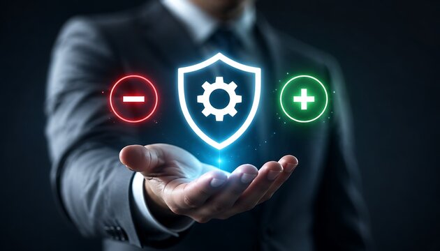 Person in suit holding glowing shield with plus and minus symbols for security and risk