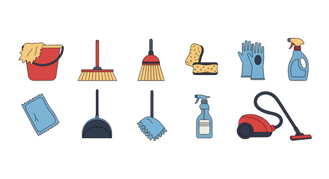 Cleaning tools and supplies set including mop sponge gloves spray vacuum and dustpan for general house cleaning and chores