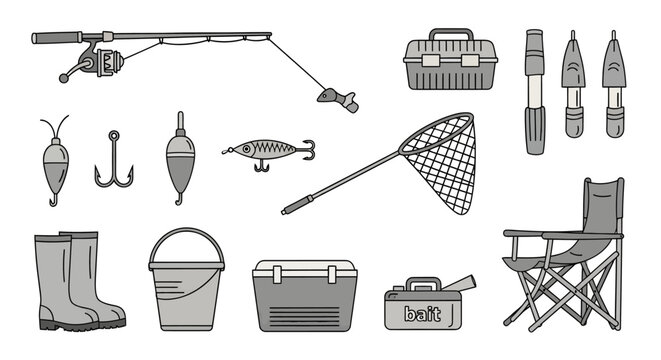 Fishing gear set with rod bait fishing line hooks bucket nets cooler boots and chair for outdoor angling recreational fishing equipment