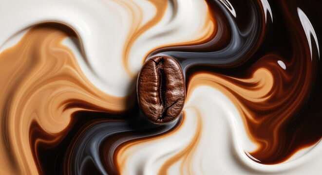 A single roasted coffee bean centered within a dynamic abstract swirl of liquid cream and dark espresso, creating a rich sensory visual, caffeine, liquid, close-up