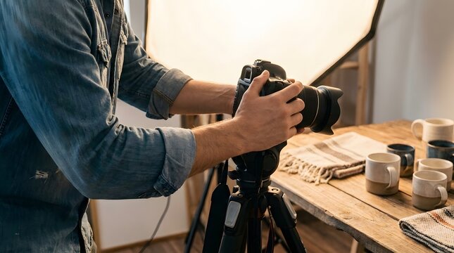 Photographer adjusting professional camera on tripod during product photo shoot of handmade ceramic mugs