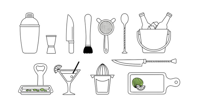 Line art of bartending tools and cocktail ingredients for bar service and mixology creative design