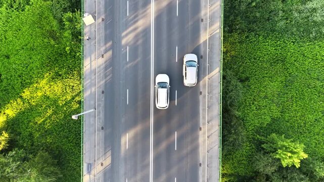 Aerial view of multiple cars traveling on a highway surrounded by lush green vegetation, showcasing the flow of traffic and the natural landscape in the background