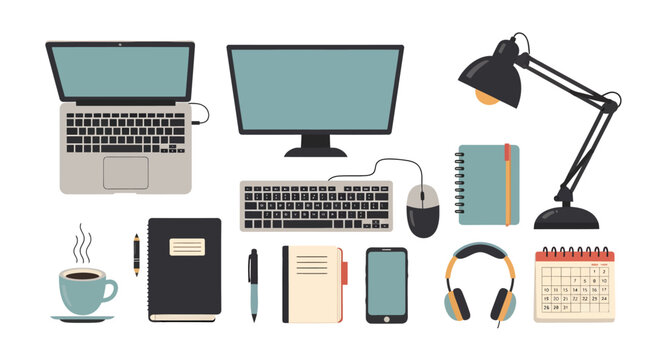 Office workspace with laptop monitor keyboard notebook coffee cup and headphones, creative work environment, productivity tools, modern desk setup, technology accessories