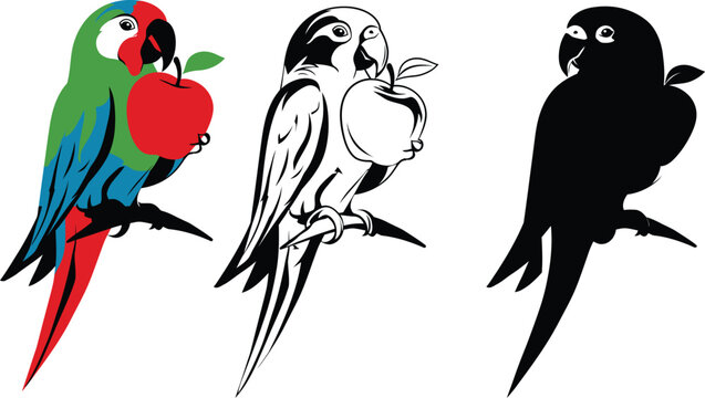 Parrot bird icon set featuring macaw eating apple illustrations