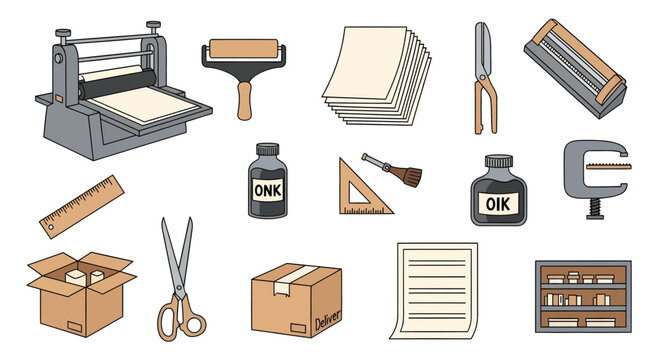 Collection of stationery and packaging tools including paper roller, scissors, papers, razor, stapler, tape, glue bottles, rulers, boxes, folders, and books for office or craft use