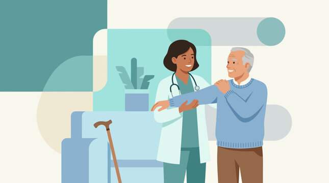 Doctor assisting senior man with arm exercises, healthcare concept