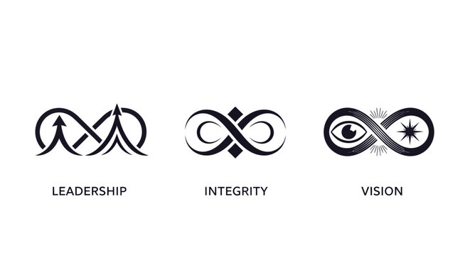 Abstract icons representing leadership integrity and vision concepts.