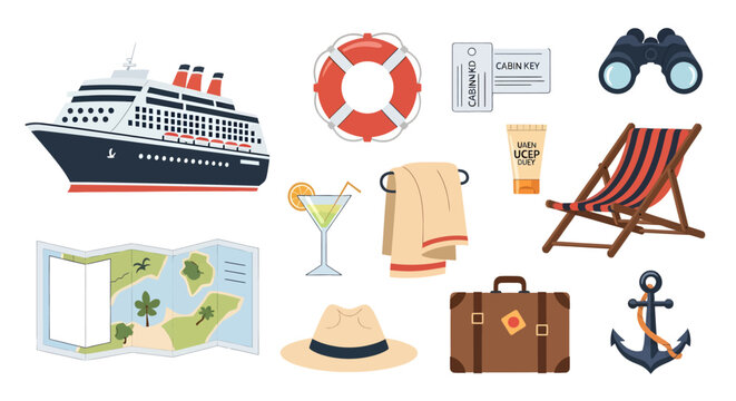 Cruise ship and travel accessories set including map hat towel binoculars life buoy and drinks for vacation or holiday travel and leisure scenes