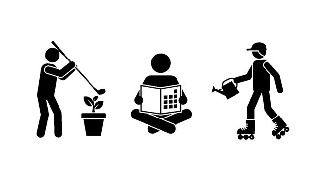 Silhouette icons of gardening reading and rollerblading activities.