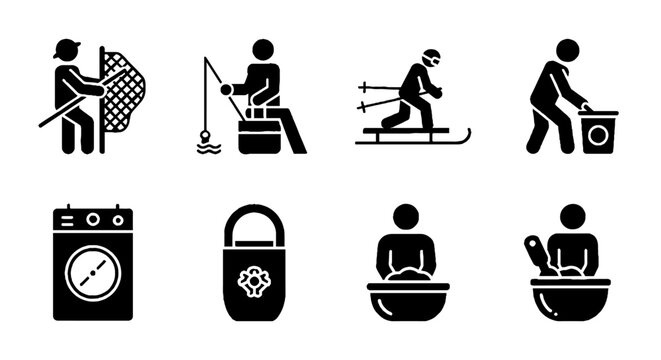 Collection of black silhouette icons representing various activities and objects.