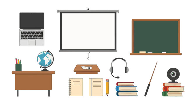 School classroom supplies icons for education with laptop blackboard globe books notebooks headphones and stationery set optimized for Adobe Stock