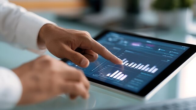 Person interacting with digital analytics dashboard on tablet device showing bar charts and data visualization