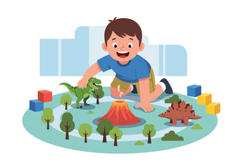 Flat style vector illustration of excited little boy playing with colorful dinosaur toys on a play mat. Perfect for childhood, imagination, preschool education and toy activity themes © Amie