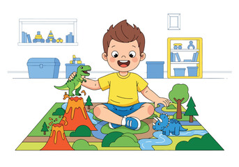 Flat style vector illustration of excited little boy playing with colorful dinosaur toys on a play mat. Perfect for childhood, imagination, preschool education and toy activity themes © Amie