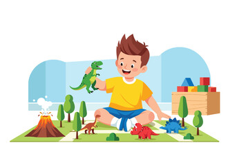 Flat style vector illustration of excited little boy playing with colorful dinosaur toys on a play mat. Perfect for childhood, imagination, preschool education and toy activity themes © Amie