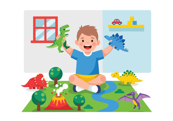 Flat style vector illustration of excited little boy playing with colorful dinosaur toys on a play mat. Perfect for childhood, imagination, preschool education and toy activity themes © Amie