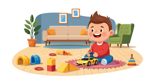 Flat style vector illustration of smiling little boy driving a remote control sports car indoors. Perfect for childhood, technology, indoor play, preschool and toy activity concepts