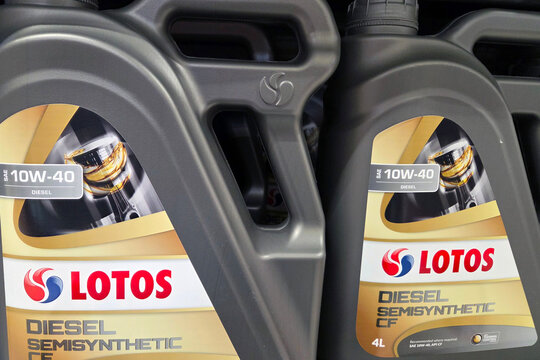 Wroclaw, Poland, May 11, 2026: Lotos Diesel Engine Oil 10W-40 Semi-Synthetic Packaging for Automotive Maintenance