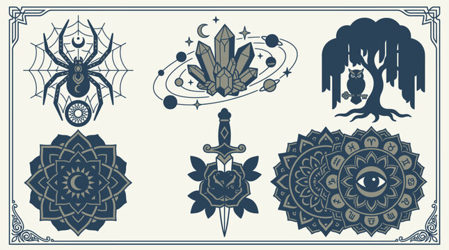 Conjunto de ilustra&ccedil;&otilde;es vetoriais m&iacute;sticas com aranha, cristais, coruja em &aacute;rvore, mandalas geom&eacute;tricas, adaga com rosa e um olho m&iacute;stico em estilo de arte de tatuagem.