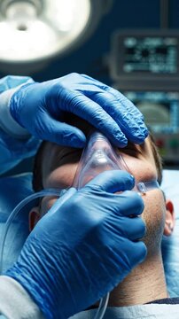 Medical Professionals Administer Anesthesia to Patient in Surgical Setting with Advanced Equipment and Monitoring in Background Focused on Safety and Care