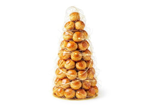 A stunning golden croquembouche tower decorated with delicate spun sugar threads and festive lights against a bright white background, pastry, wedding, luxury