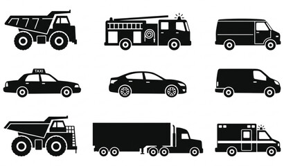 Collection of 9 Vehicle Silhouette Icons Vector Set © Bodyuj