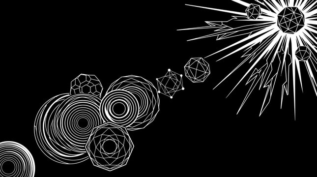 Composi&ccedil;&atilde;o abstrata em preto e branco com formas geom&eacute;tricas complexas, poliedros e c&iacute;rculos conc&ecirc;ntricos criando um efeito visual din&acirc;mico e futurista em um fundo escuro.