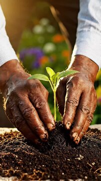 A Gardener's Hands Gently Planting a Young Seedling into Fertile Soil as Sunshine Illuminates the Developing Plant Life in a Vibrant Garden Setting