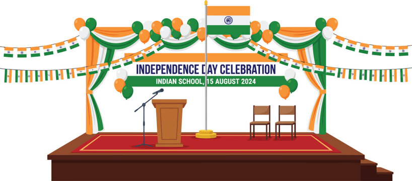An empty outdoor stage decorated with tricolor banners and garlands ready for a public ceremony