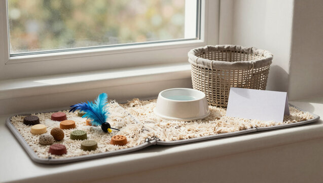 Indoor pet enrichment station with puzzle toy and snuffle mat
