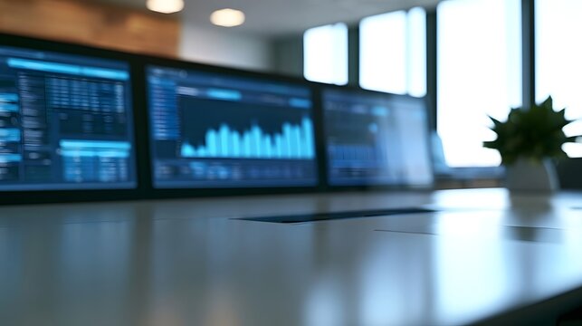 Glowing business dashboards glow across a polished business setting near a laptop free presentation table  with blue interface accents  gentle window
