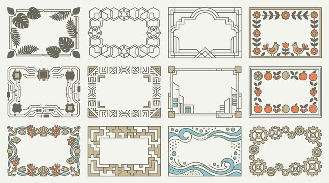 Conjunto de doze molduras decorativas retangulares com diversos estilos art&iacute;sticos, incluindo elementos bot&acirc;nicos, geom&eacute;tricos, industriais e abstratos em design linear.